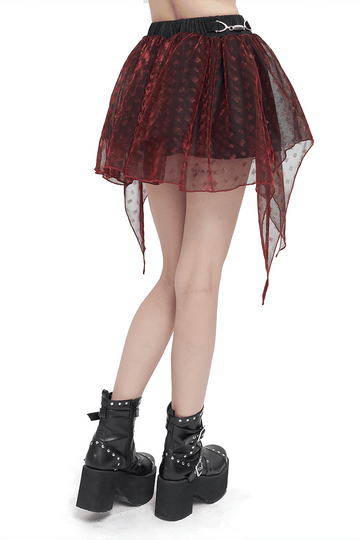 Wine Red Irregular Layered Mesh Skirt for Women
